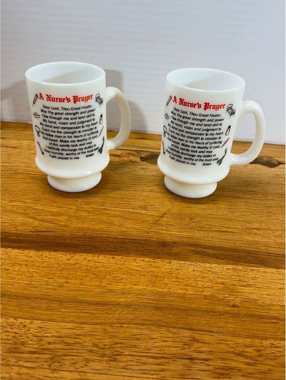 Vintage A Nurses Prayer Milk Glass Mug Set of 2 Pedestal Medical Coffee Cup